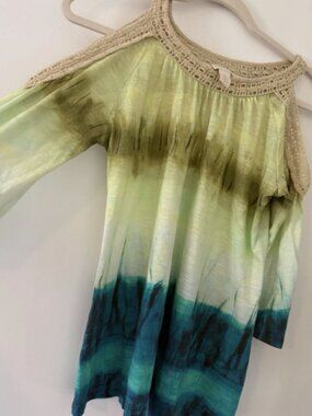 Chico's Women's Size 0 Green/Blue Tie-Dye Tunic Round Neck Cold Shoulder